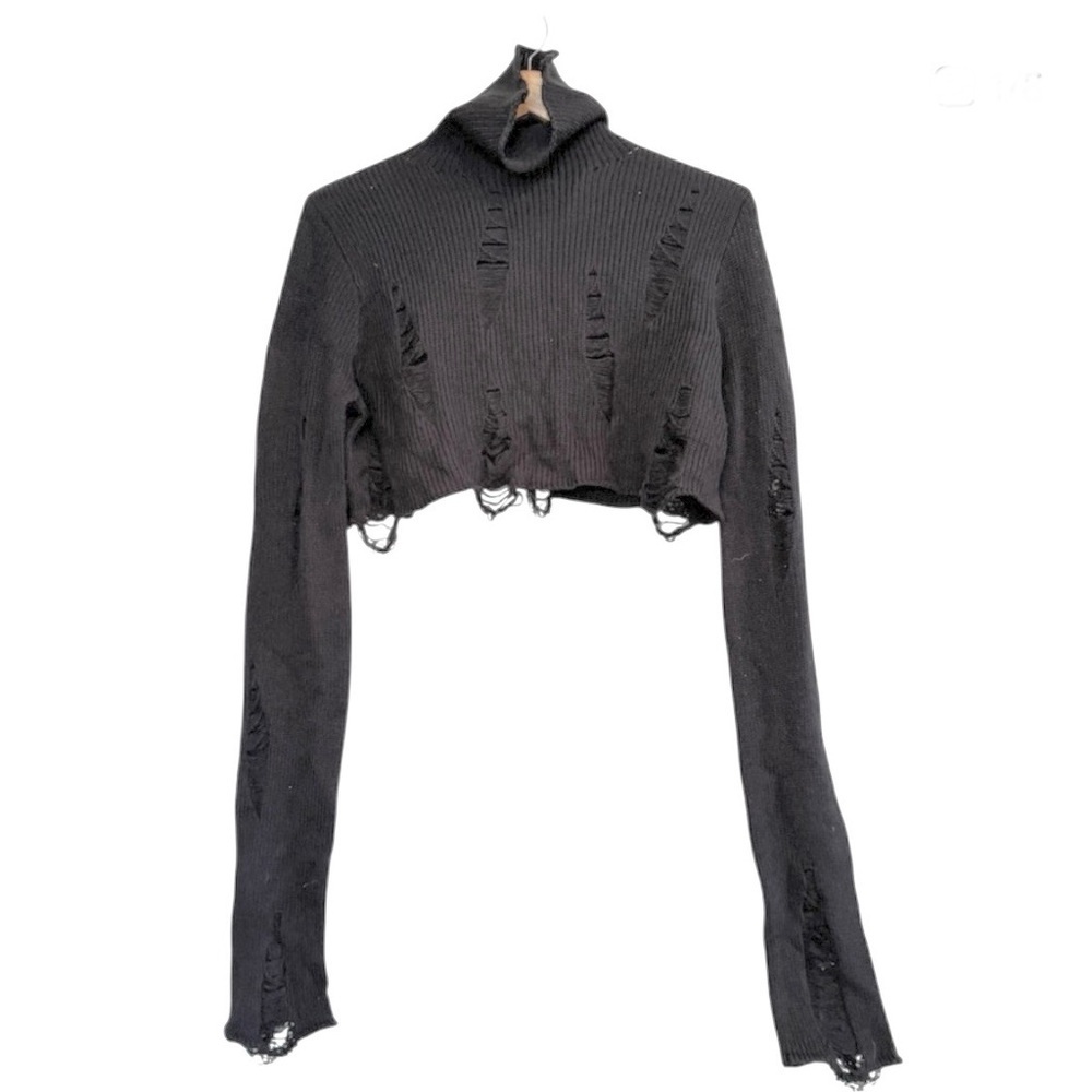 Dolls Kill Widow Cropped Black Extra Long Sleeves Turtleneck Sweater Size M/L
